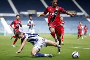 Tom Fellows is taken down in West Brom's clash with Rayo Vallecano (Photo by Adam Fradgley/West Bromwich Albion FC via Getty Images)