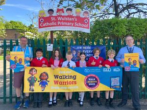 Ryan Proctor, Staffordshire County Council, head teacher at St. Wulstan’s Catholic Primary School and school council members.