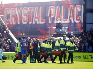 Crystal Palace’s Jean-Philippe Mateta is taken from the field on a stretcher by paramedics.h Round – Selhurst Park