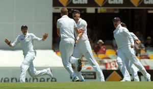 England's Stuart Broad (centre) celebrates taking the wicket of Australia's Michael Clarke (not pictured)