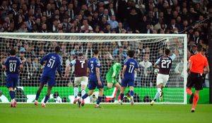 Aston Villa's John McGinn scores their side's second goal of the game during the UEFA Champions League quarter final, second leg match at Villa Park, Birmingham. Picture date: Tuesday April 15, 2025.