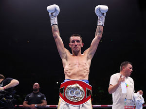 Liam Davies poses with the title belt following victory over Kurt Walker in their IBF International Featherweight title fight (Photo by Alex Livesey/Getty Images)