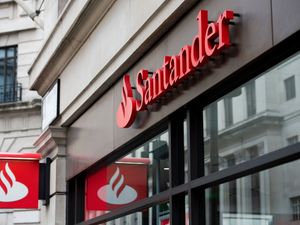 Santander Bank signage above a branch, London.