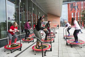 Capital B's Ebony Wilson and Zoe Hedge (middle row foreground and centre) join the Big Birmingham Bounce led by fitness instructors from Boogie Bounce (right row)
