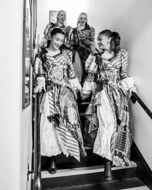 Sofia Bennett, Macy Pollington, Caitlin Mae Hutley and Anna Rogers prepare for a scene. Photo: Danny Kaan