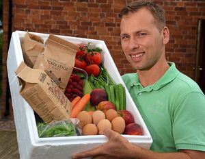 Dimitar Marinov, from Box of Goodness, with local produce which originates from near to Shrewsbury