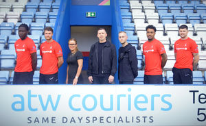 AFC Telford players with commercial manager Aimee Lauder and Adam Welborn of ATW Couriers.