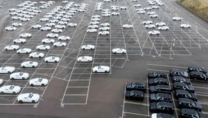 Aerial views capture hundreds of vehicles at Jaguar Land Rover's National Distribution Centre in Baxterley, Atherstone, Warwickshire. September 17, 2025.