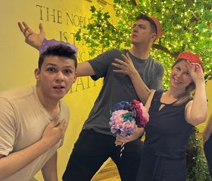 Charlotte Hernandez from Staffordshire Libraries and Arts Service with Hamlet actors Conor Price and Dylan Hulme