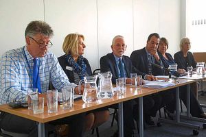 The press confrence after the release of the report. Left to right, Andrew Tapp, Jo Banks, Andrew Mason, Mike Cummis, Christine Morris and Laura Johnson.