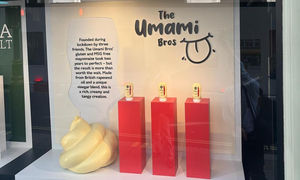 Fortnum & Mason window display of Umami Bros mayo.