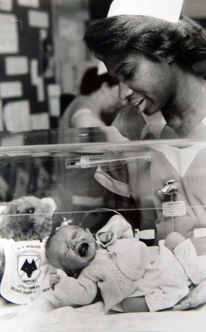 Hospital staff nurse Lyndola Dillon with baby Steven Patrick on March 18, 1989.                               