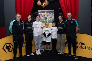 Sporting Chance participants Scarlett, Jenson and Harry are joined by Foundation staff Mark Bromley and Gavin Jones, and Wolves Women players Anna Morphet (also a Foundation ambassador) and Tammi George.