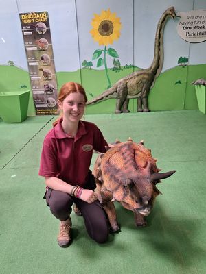 Katie with the new Triceratops Roarrbot at Park Hall