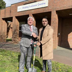 Dudley Council leader, Cllr Patrick Harley and Amarjit Dhanda from Wellington DLC Ltd shake hands on the deal for the former Dudley Leisure Centre site. Picture: Local Democracy Reporting Service/ Martyn Smith