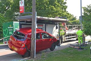 The car could be seen wedged into the bus stop on Wednesday morning