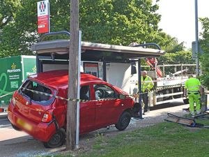 Supporting image for story: Watch: Car smashes into bus stop outside pub on busy route into Wolverhampton