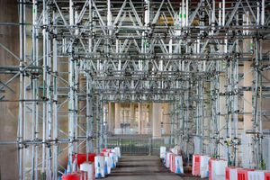 The scaffolding underneath the viaduct