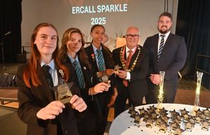 Ercall Wood Academy Principal Nick Murphy and Wellington Mayor Reg Snell with some of the pupils recognised at the event.