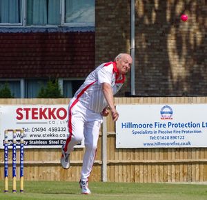 Peter Hayes from Ellesmere bowling for England over-70s              
