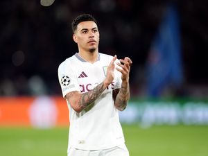Morgan Rogers applauds the fans after the UEFA Champions League quarter-final first leg in Paris