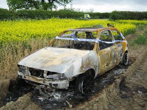 Supporting image for story: Car destroyed after being torched in Broseley