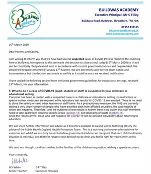 The letter from Buildwas Academy to parents explaining why the school is shut for a deep clean