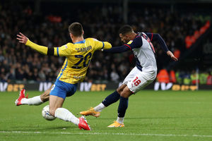 Karlan Grant of West Bromwich Albion scores a goal to make it 1-0. (Photo by Adam Fradgley/West Bromwich Albion FC via Getty Images).