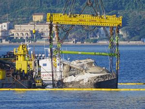 Supporting image for story: Mike Lynch’s superyacht seen on the surface for the first time since it sank