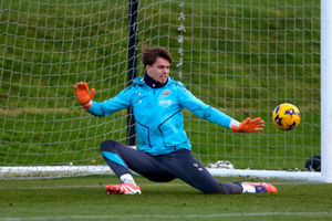 Goalkeeper Josh Griffiths gets down to make a save.  (Photo by Adam Fradgley/West Bromwich Albion FC via Getty Images)