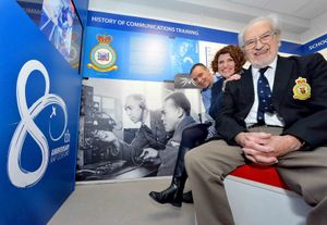 Sid Lenthall , aged 96, from Albrighton, with Group Captain Tone Baker and museum CEO Maggie Appleton