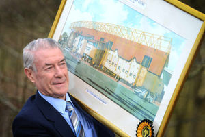 Holding an artists impression of the Billy Wright stand, Alan Cotterell, of Perton, who helped to design the Molineux with Sir Jack Hayward.