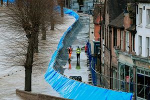Barriers in Ironbridge during February's flooding