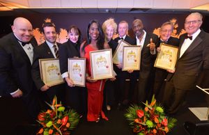 Left to right, Dicky Dodd (host), Laurie Dalrymple (on behalf of Ron Flowers), Frances Barber, Tessa Sanderson, Sonja Oatley (on behalf of Jacqui Oatley), Richard Westwood (Marston's MD), Willard Wigan MBE, Graham Evans and Hugh Porter