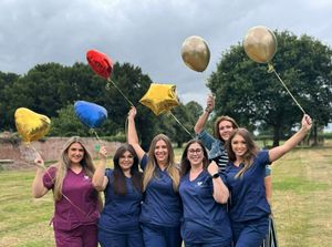 Miah Worley, Zoe Knowlton, Samantha Pizzey, Gemma Salmon, Roni Jones and Siobhan Mills celebrating the award at the office in Hadnall. 