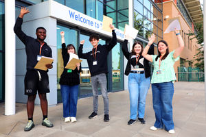 Telford College students Jesse Abdul Karim, Amber Norton, Harry Chandler, Sophie Flavell and Meredith Davis celebrate their A-level results