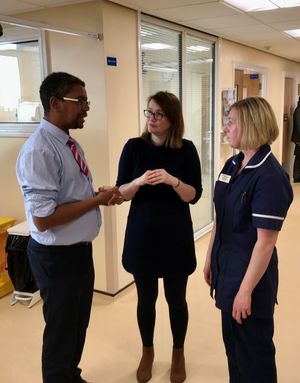 Vaughan Gething AM and Kirsty Williams AM with Nia Davies in the renal dialysis unit at Llandrindod Wells Memorial Hospital.
