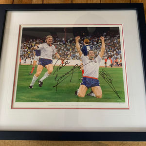 A signed print of a painting showing Steve Bull scoring for England on his debut
