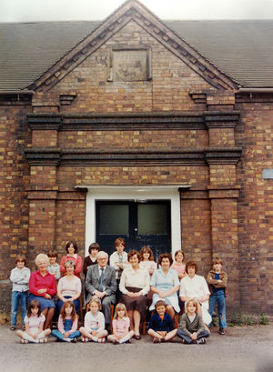 A last photo of Jackfield School when it closed in July 1981. Mary Edwards is to the right of the head, Peter Lloyd. Joyce Leach is not on the picture – by this time school meals were being outsourced from Broseley.