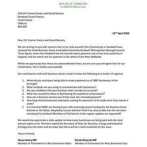 The letter sent to Sandwell Council by MPs Shaun Bailey and Nicola Richards