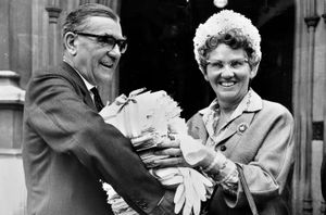 'Mrs Mary Whitehouse, of Claverley, handing to James Dance, Tory MP for Bromsgrove, at the House of Commons, bundles containing 366,355 signatures supporting a petition to the House against the BBC's 'disbelief, doubt and dirt'. Mary Whitehouse was a well known campaigner to clean up television. June 5, 1965.