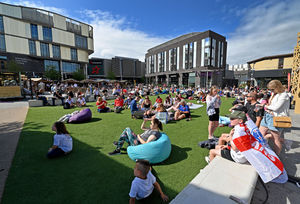 England fans watching the Women's Euro Final on the big screen at Southwater, Telford.