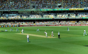 England's James Anderson bowls the first ball of the Ashes to Australia's Chris Rogers