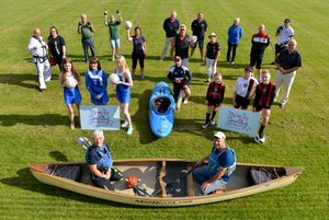 Members of Sporting Bridgnorth at Bridgnorth Rugby Club. Front groups: Bridgnorth Netball, Frances Callaghan 13, Daisy Brassington 13, Evie Payton 13. In the boat is Bridgnorth Canoe Club, Debra Lowe and Simon Turner. Alongside them is member of Bridgnorth Cricket Club Matt Martin with AFC Bridgnorth Spartans Leila Bluck, 7, Callum Gwinnett, 13 and Cameron Bluck, 12