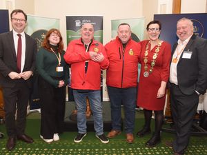 Keith Fulwood and Terry Cole show off one of their awards alongside Local Growth and Buildings Minister Alex Norris, Mary McMarron, Tonia Antoniazzi from the APPBG and Ed Bedington (editor of Morning Advertiser)