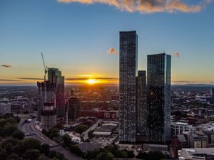 A view of Manchester city centre at dusk