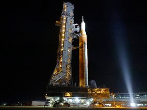 Supporting image for story: Nasa hauls repaired Moon rocket back to pad ahead of planned launch in April
