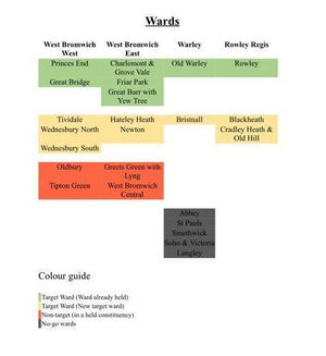 Sandwell Conservatives list of coloured coded ward seats, leaked to the Local Democracy Reporting Service.