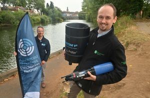 Tom Coekin, Enviroment Agency water quality specialist, and Matt Smith, project manager at River Severn Partnership for Advanced Wireless Innovation with the new technology for measuring chemical in the river.