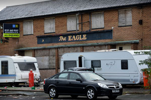 Travellers pitch up outside the Eagle pub in November last year